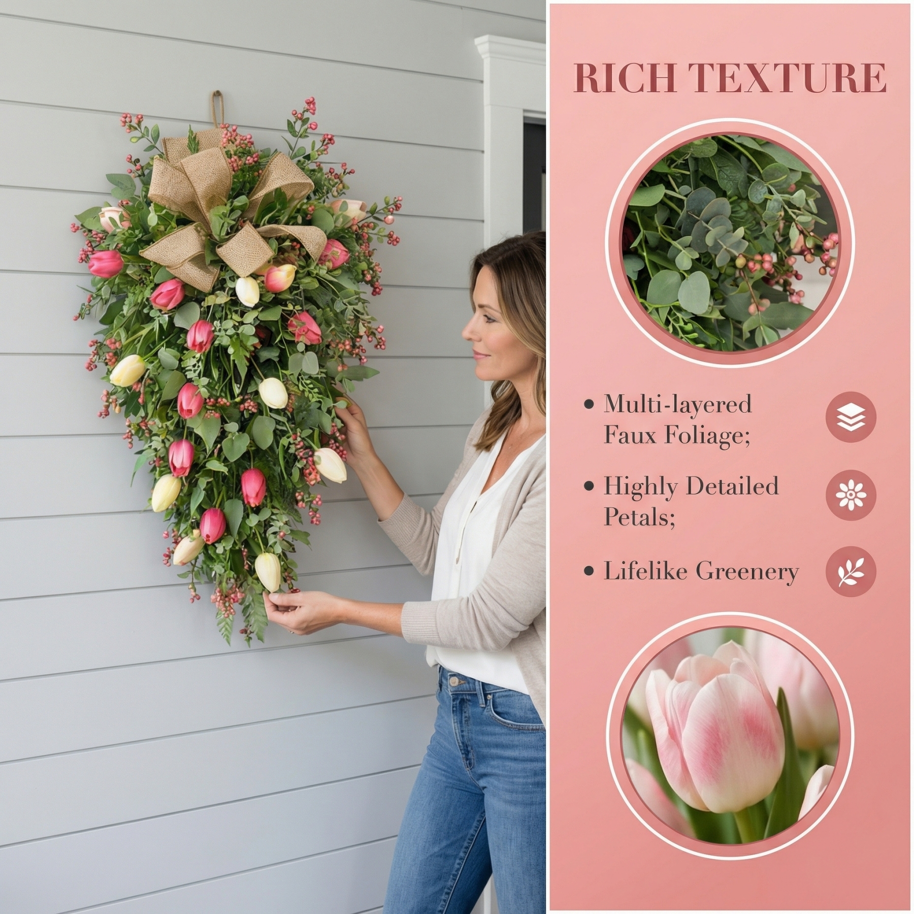 ✨Early Eeaster Sale 50% - Artificial Tulip Door Swag with Greenery Leaves and Burlap Bow
