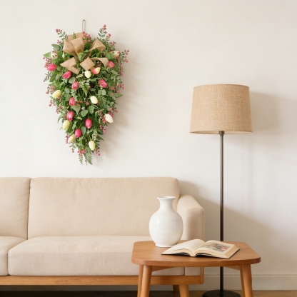✨Early Eeaster Sale 50% - Artificial Tulip Door Swag with Greenery Leaves and Burlap Bow