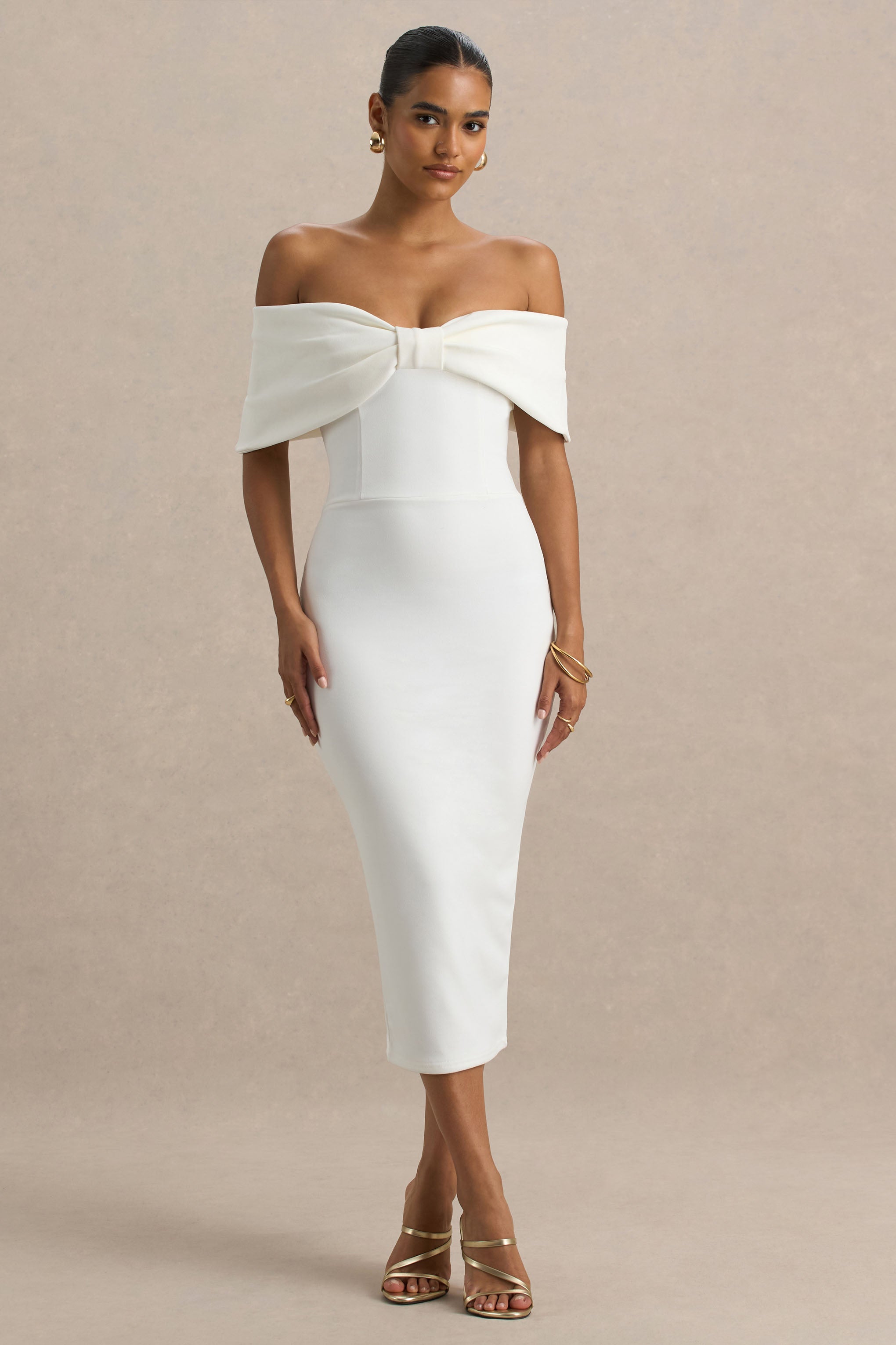 White Bow Bardot Midi Dress