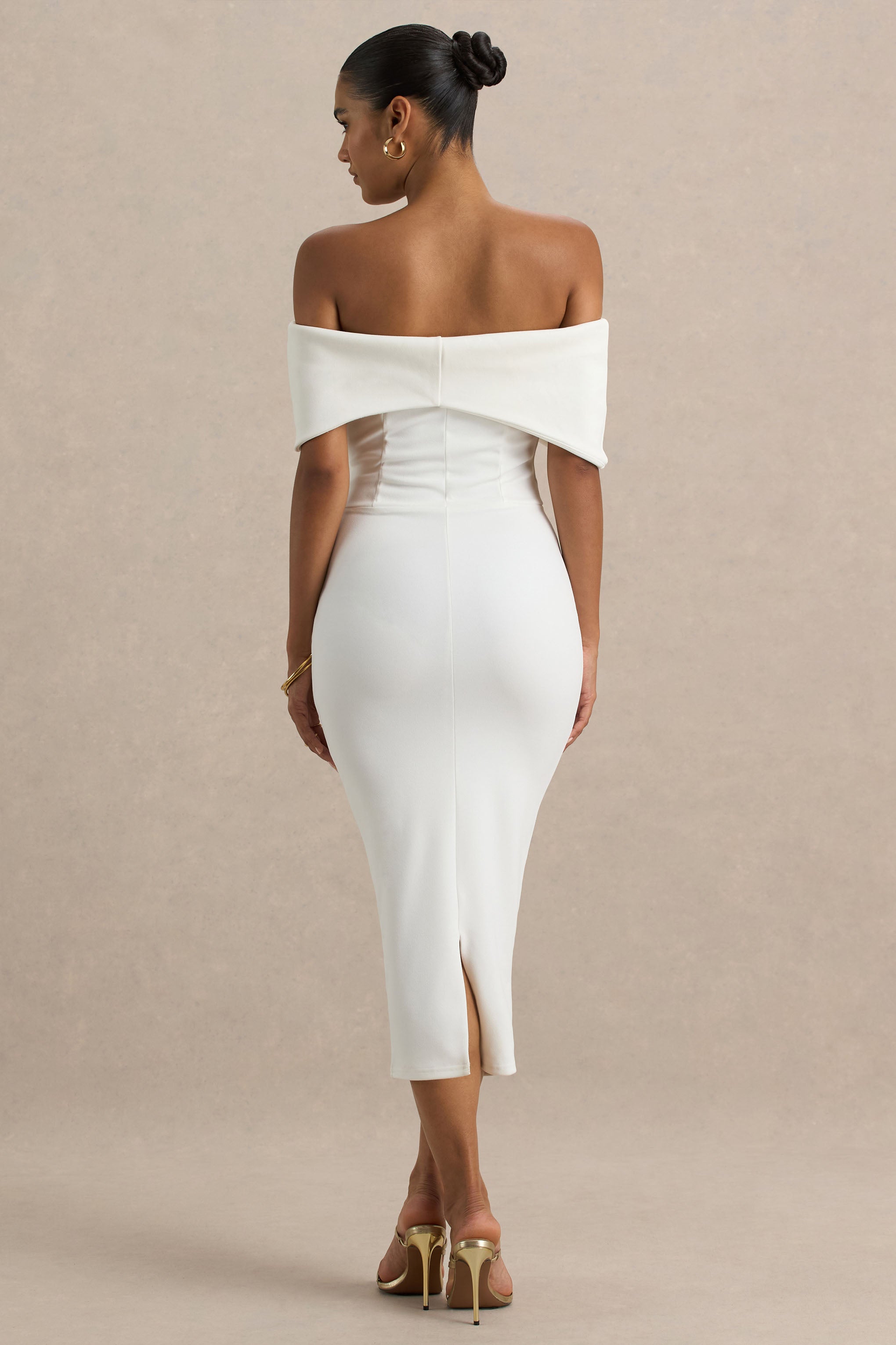 White Bow Bardot Midi Dress