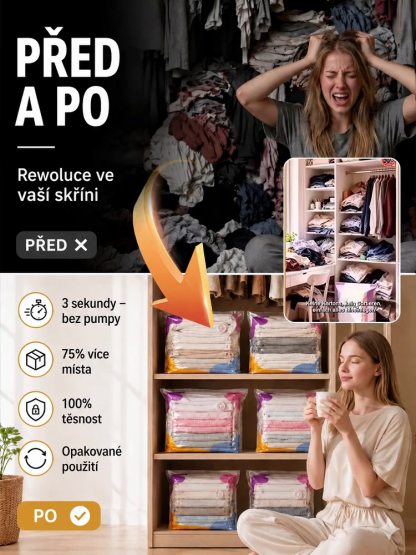 💡 Máte plnou skříň? Sbalte oblečení bez námahy! Extra velký vakuový kompresní vak (bez nutnosti pumpy) – Okamžitě uvolní 80 % prostoru