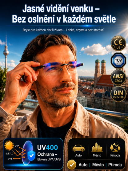 Zapomeňte na neustálé střídání brýlí. Tyto ultra lehké brýle z leteckého materiálu se samy zaostří 👁️, na slunci ztmavnou 🕶️, chrání před modrým světlem 💻