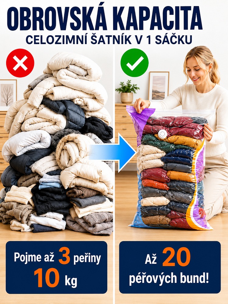 💡 Máte plnou skříň? Sbalte oblečení bez námahy! Extra velký vakuový kompresní vak (bez nutnosti pumpy) – Okamžitě uvolní 80 % prostoru