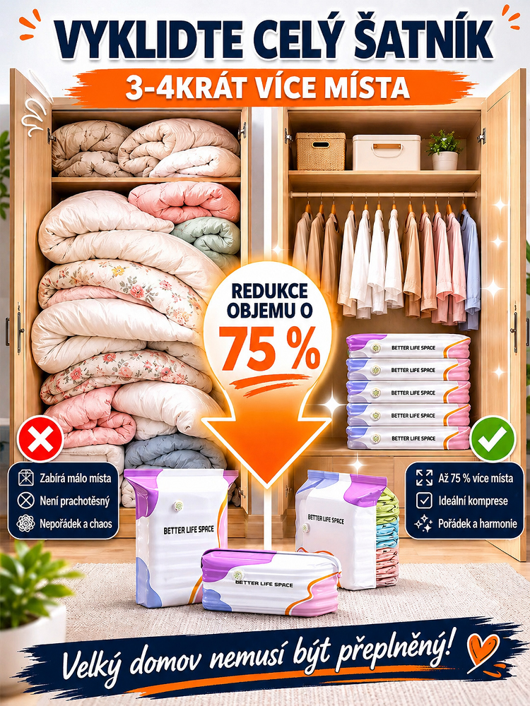 💡 Máte plnou skříň? Sbalte oblečení bez námahy! Extra velký vakuový kompresní vak (bez nutnosti pumpy) – Okamžitě uvolní 80 % prostoru