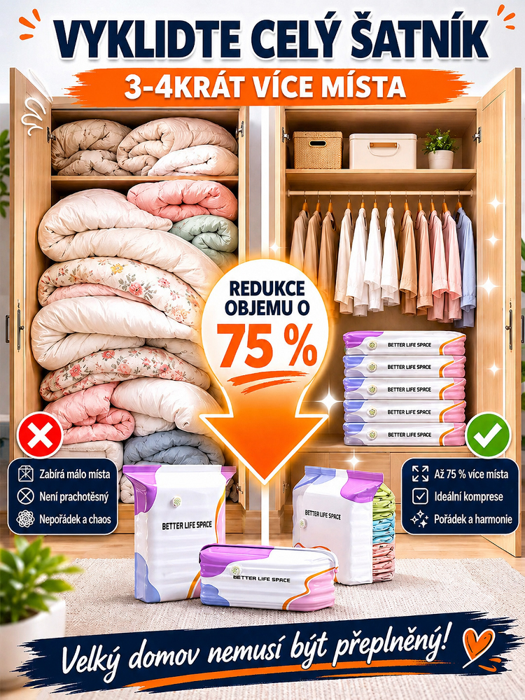 💡 Máte plnou skříň? Sbalte oblečení bez námahy! Extra velký vakuový kompresní vak (bez nutnosti pumpy) – Okamžitě uvolní 80 % prostoru