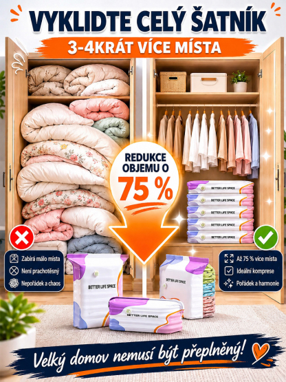 💡 Máte plnou skříň? Sbalte oblečení bez námahy! Extra velký vakuový kompresní vak (bez nutnosti pumpy) – Okamžitě uvolní 80 % prostoru
