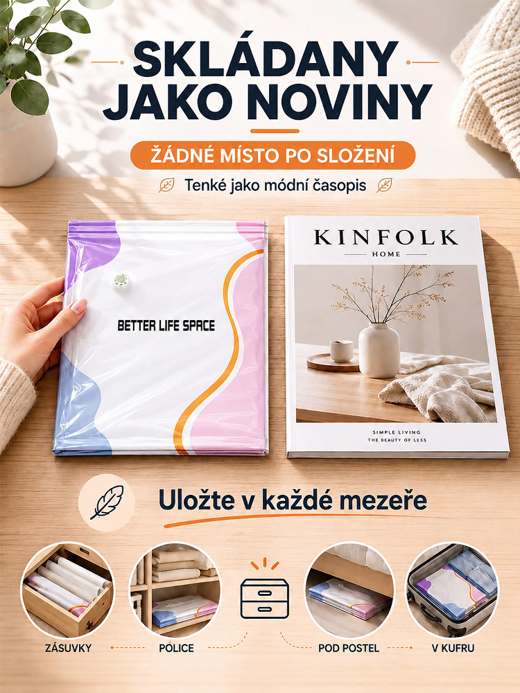 💡 Máte plnou skříň? Sbalte oblečení bez námahy! Extra velký vakuový kompresní vak (bez nutnosti pumpy) – Okamžitě uvolní 80 % prostoru