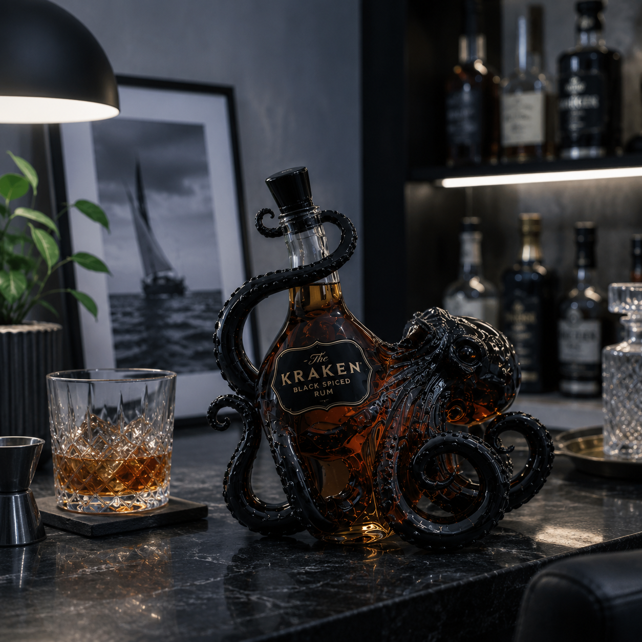 Suggested image: amber rum glowing through the clear glass core under bar lighting