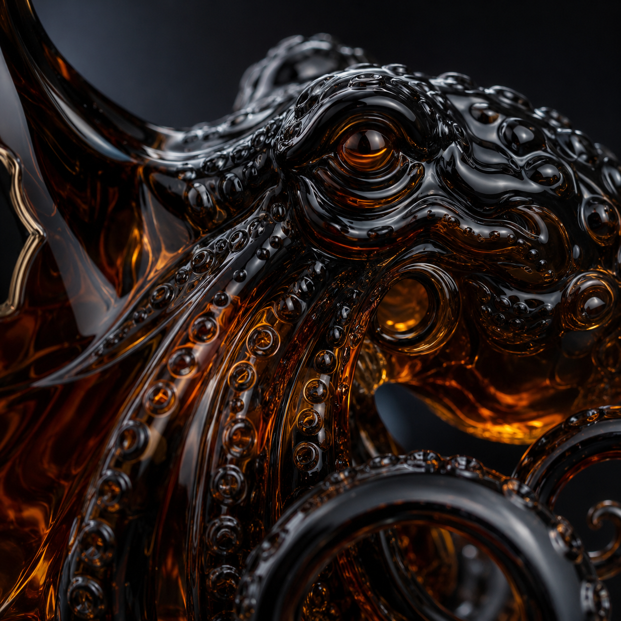 Suggested image: close-up of deep night-blue 3D sculpted octopus tentacles wrapping around the bottle