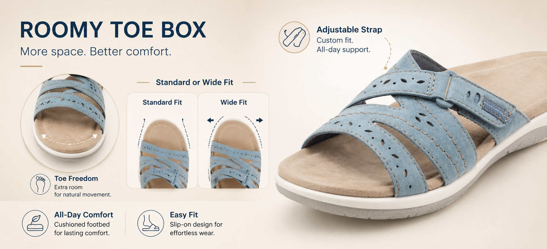 Image showing roomy toe box and normal or wide width fit options