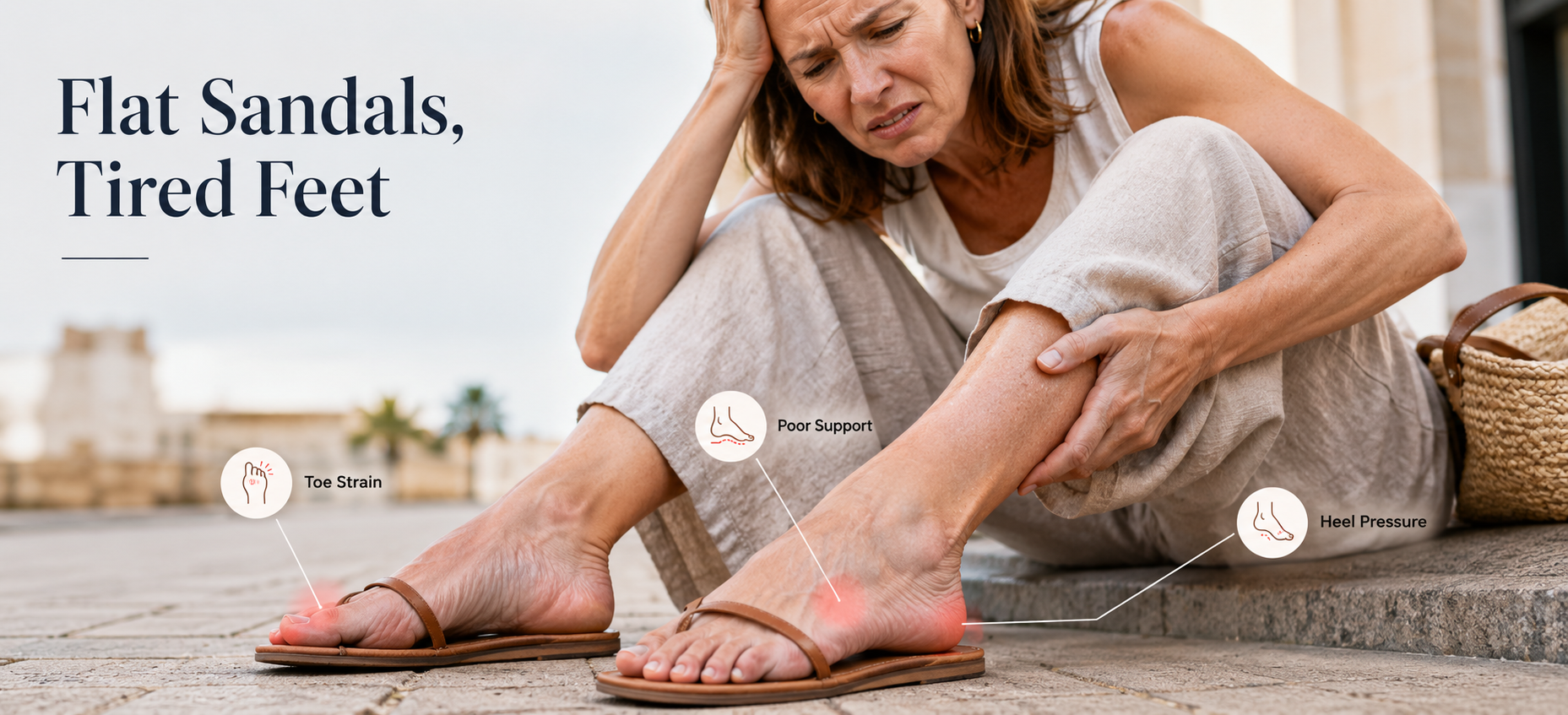 Problem image: close-up of tired feet in loose flat sandals after walking