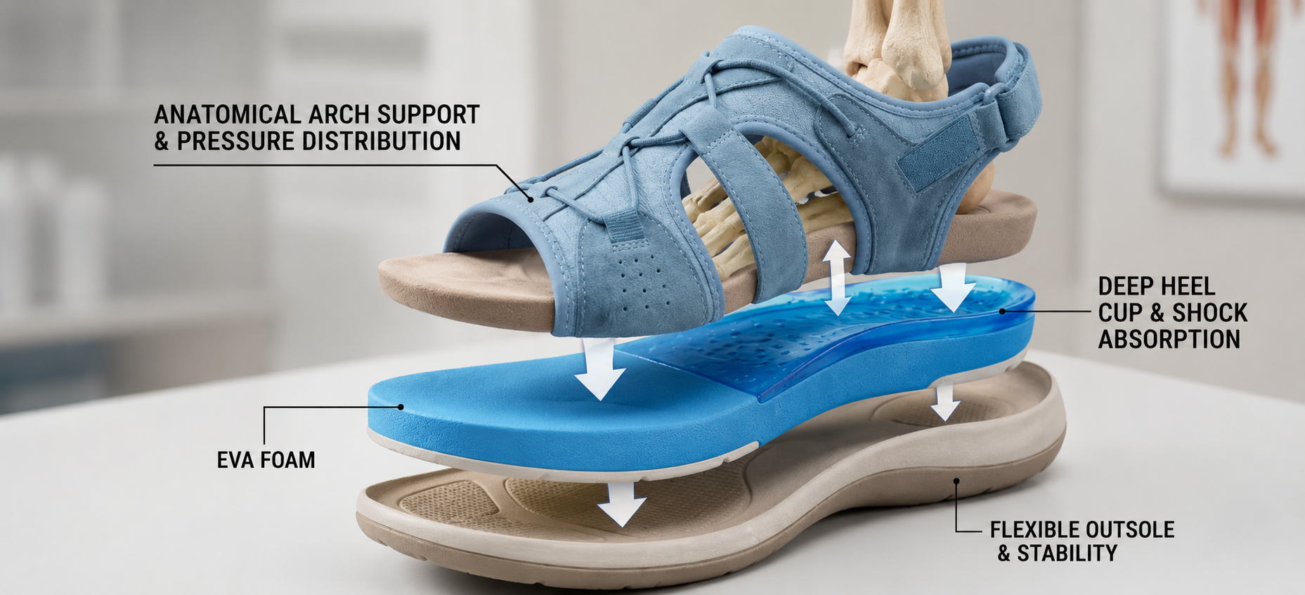 Technology image: cushioned memory foam insole and flexible outsole cross-section