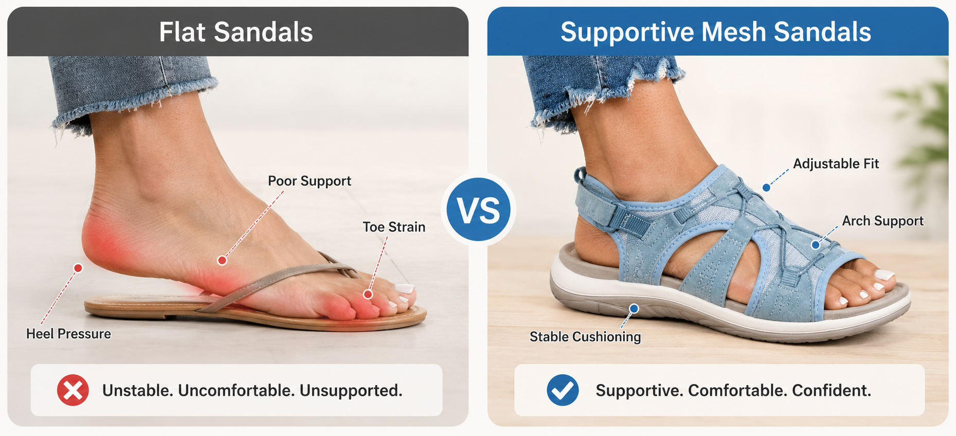 Comparison image: unstable ordinary sandals versus adjustable supportive mesh sandals