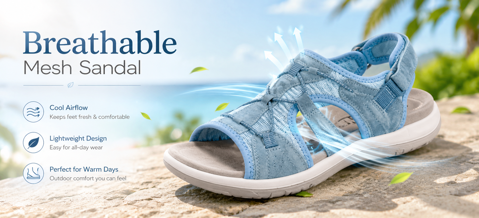 Lifestyle image: breathable sport mesh sandals worn outdoors in warm weather