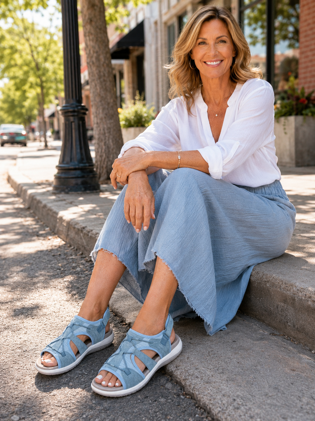 Outfit image: women styling sport mesh orthopedic sandals with casual summer outfits