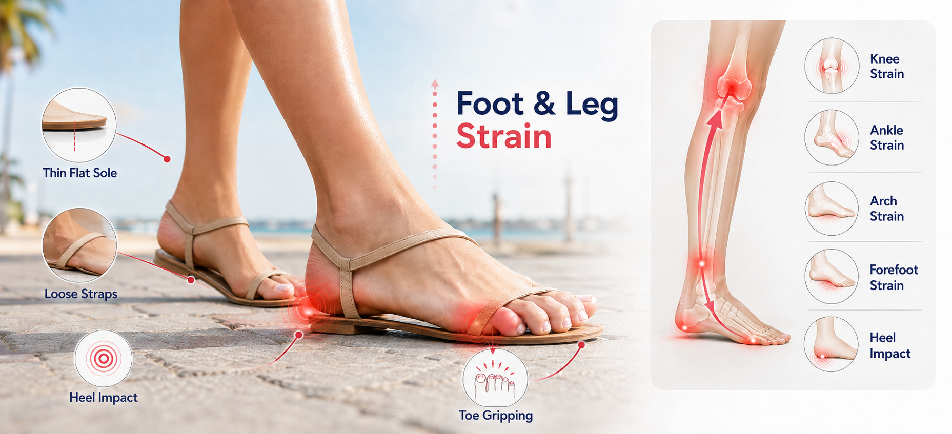 Suggested image: comparison showing thin flat sandal pressure versus cushioned orthopedic sandal support