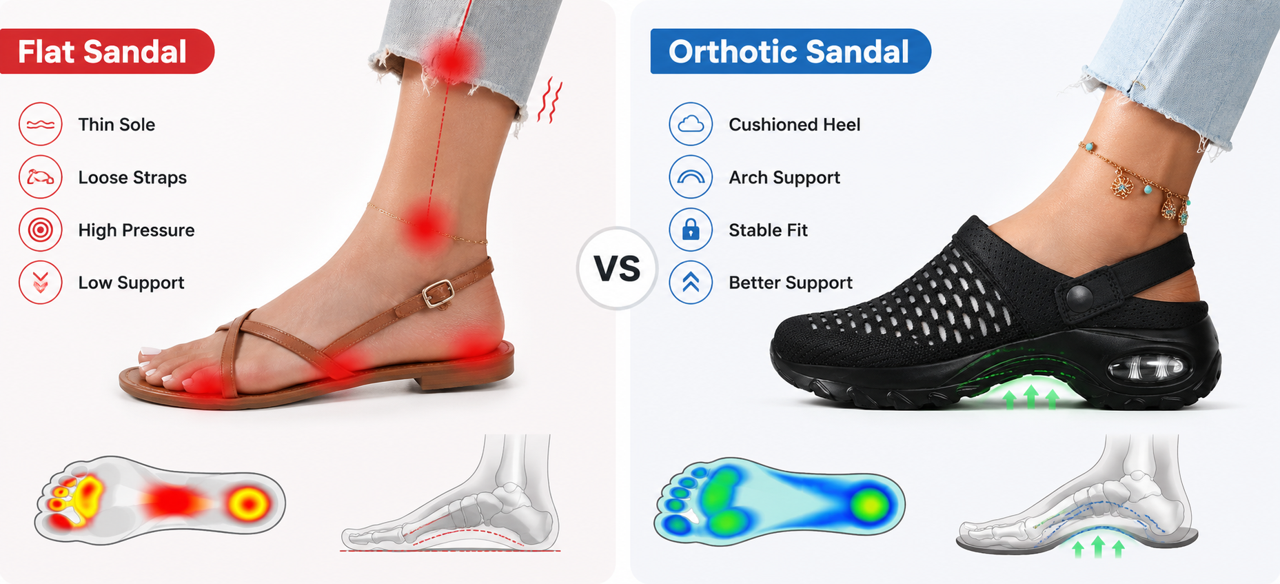 Suggested image: woman holding tired feet after walking in unsupportive summer sandals
