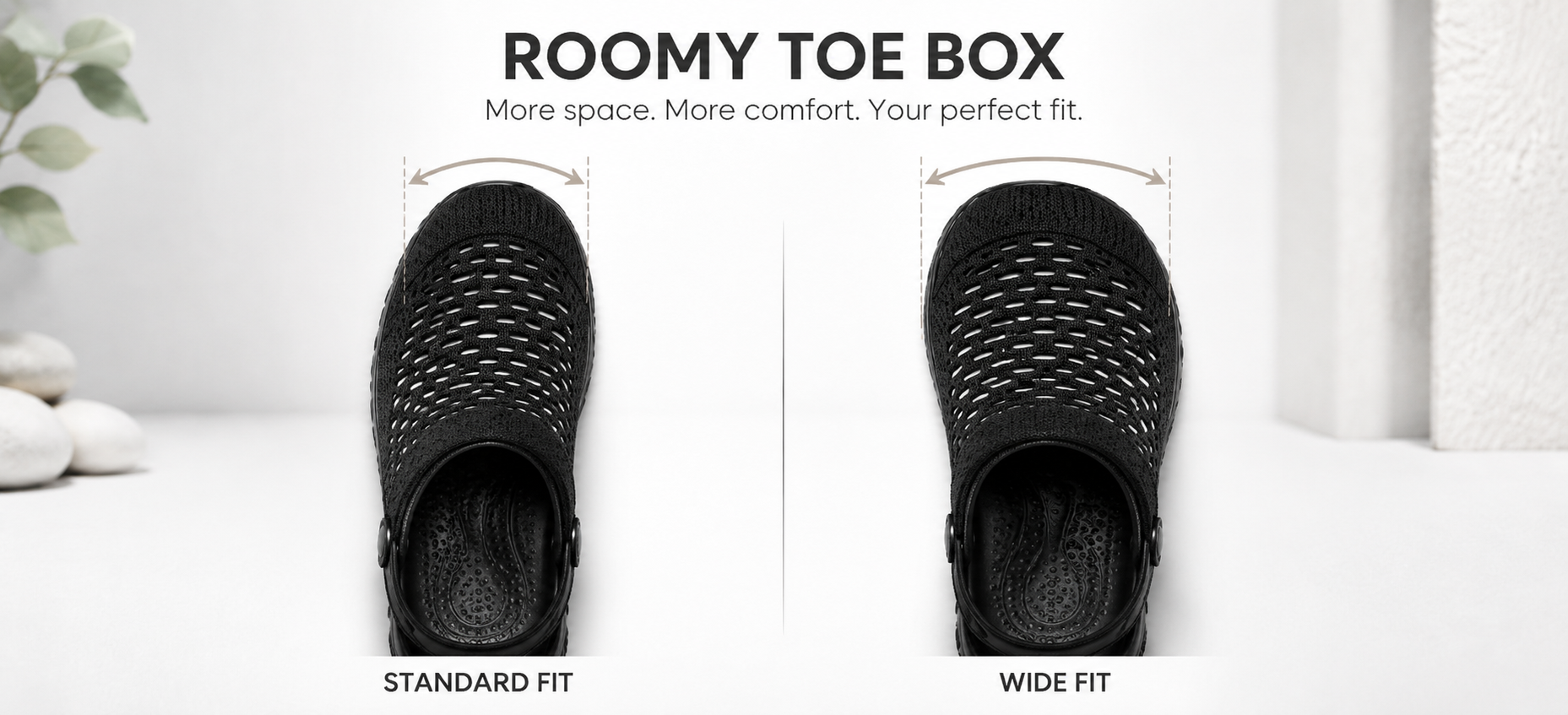 Suggested image: front-view product photo showing roomy toe area and Normal/Wide width choice