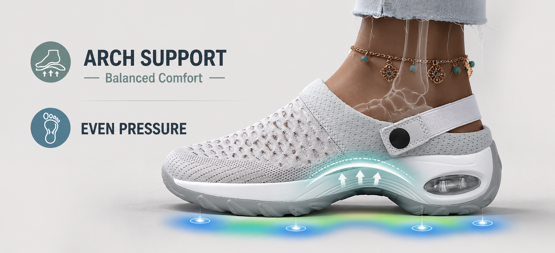 Suggested image: side profile showing arch support and even pressure distribution under the foot