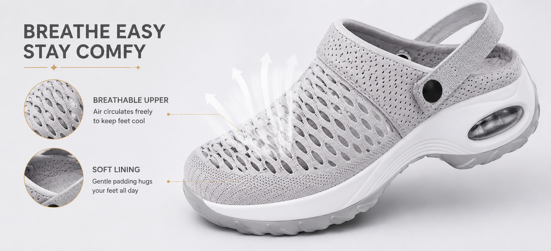 Suggested image: close-up of breathable upper material and soft lining