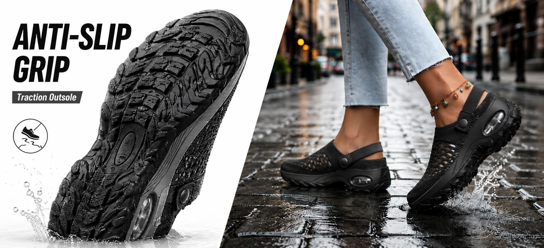 Suggested image: outsole tread or model walking on wet pavement to show slip-resistant grip