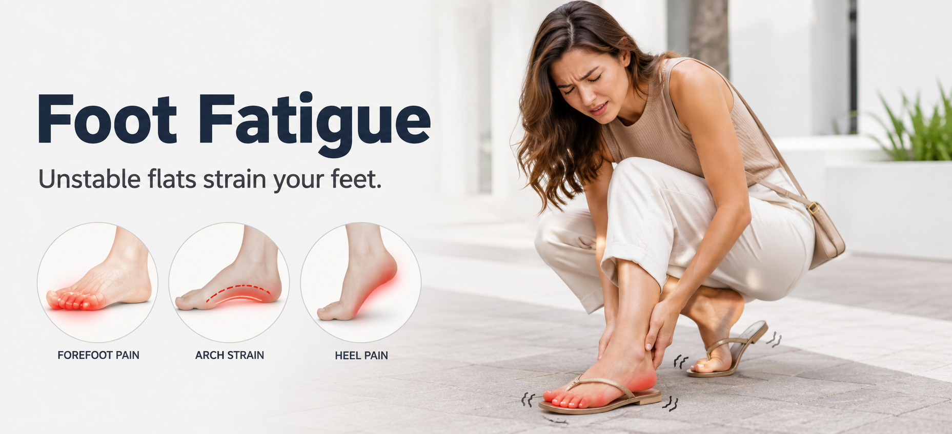 Image placeholder: side-by-side comparison of thin fashion sandal stress versus a more stable bowknot pearl flat sandal