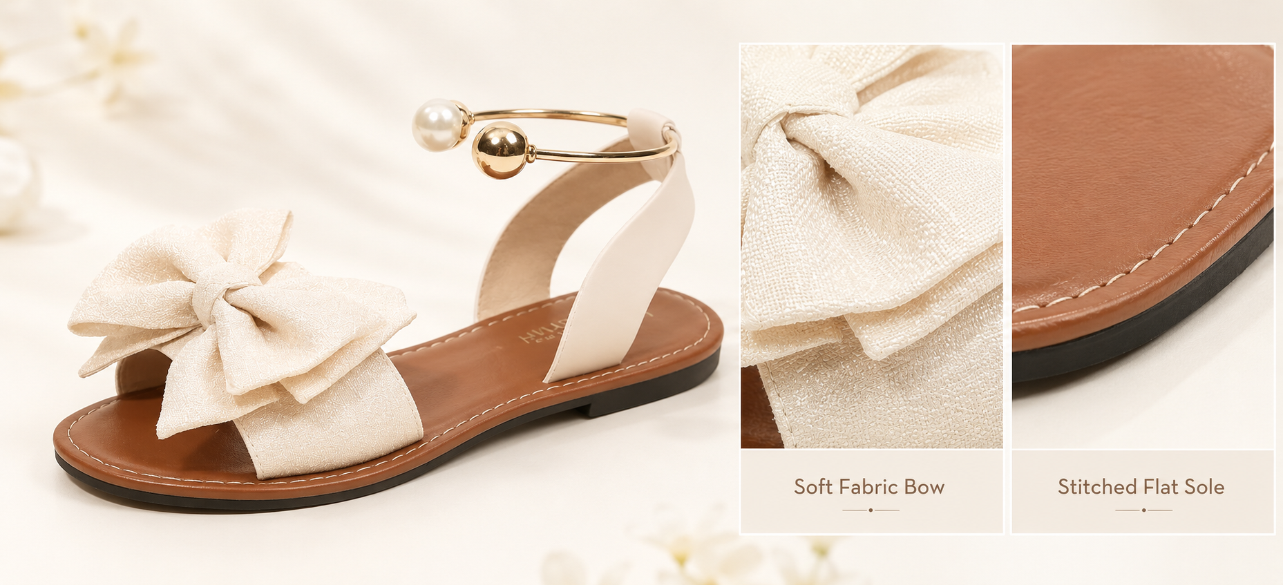 Image placeholder: macro shot of soft fabric straps and stitched flat sole texture