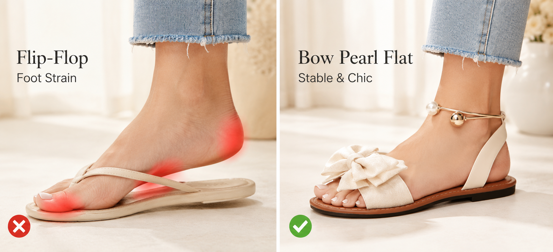 Image placeholder: woman feeling foot fatigue after walking in unstable flat sandals