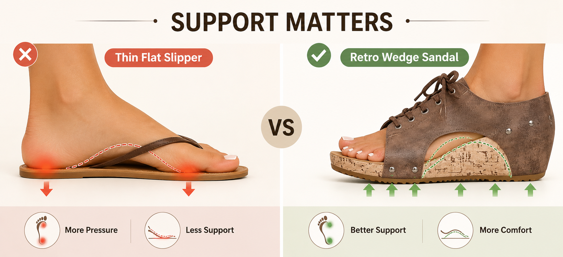 Lifestyle image: woman walking outdoors in retro wedge sandals without foot strain