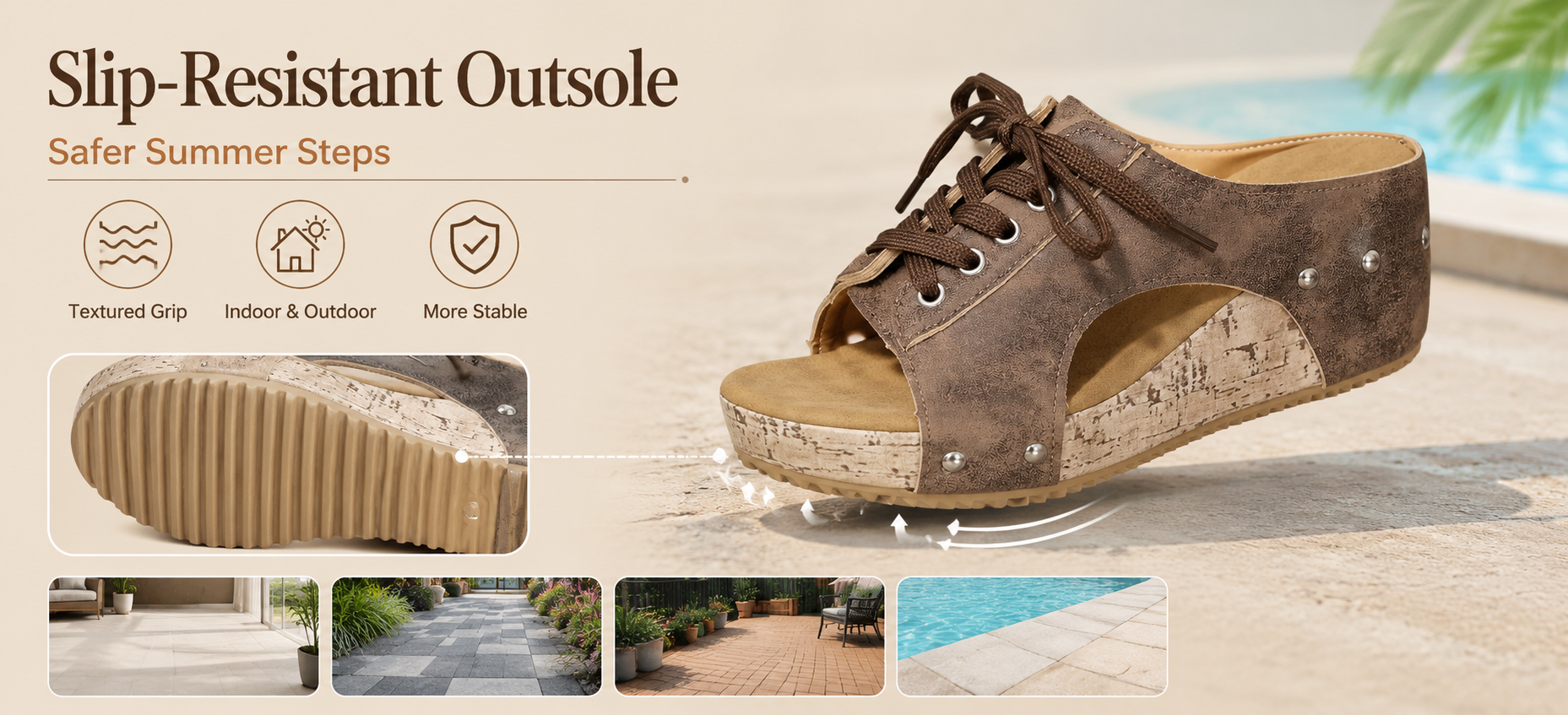 Product detail image: non-slip outsole texture for safer summer walking