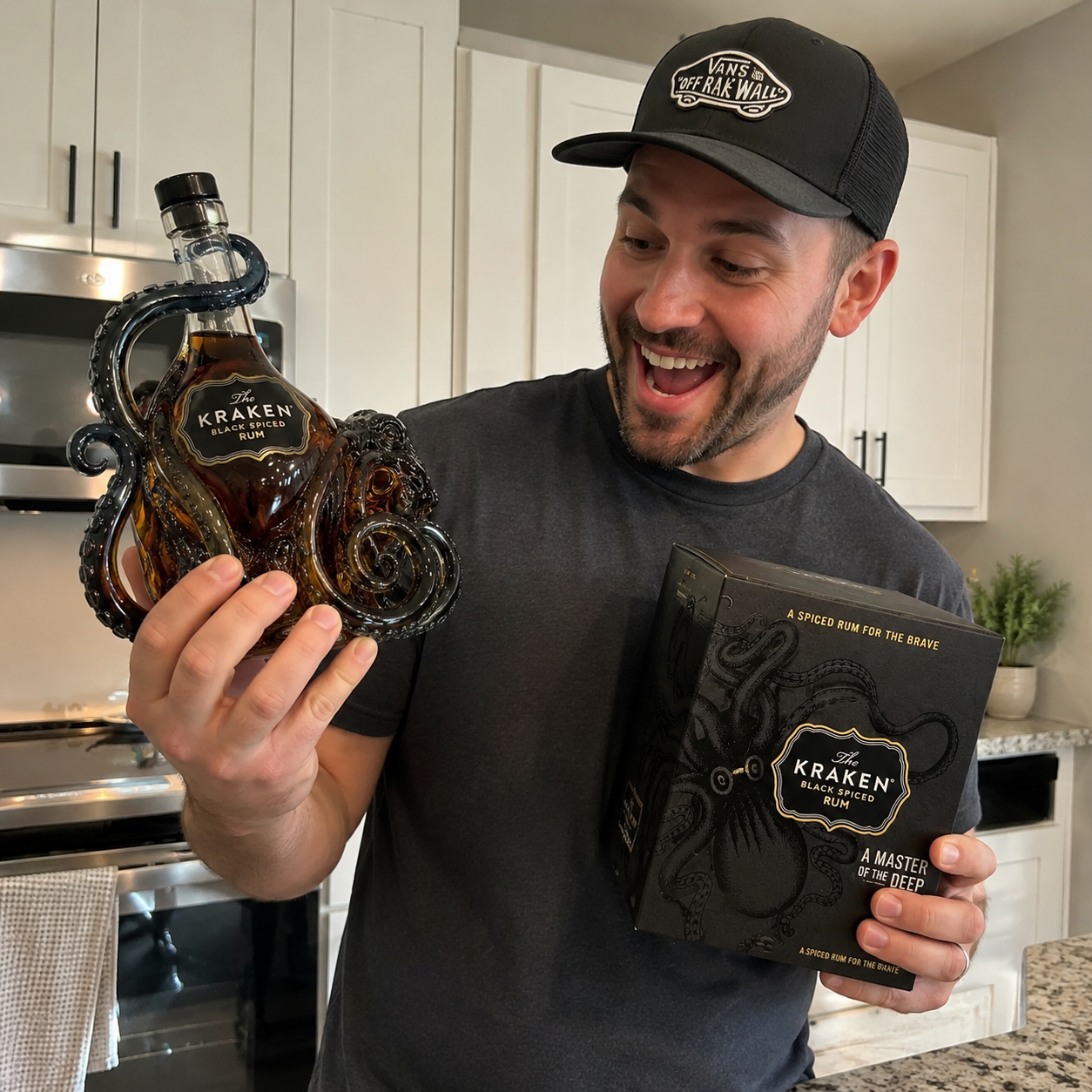 Suggested image: happy adult gift recipient or collector holding the Kraken octopus bottle near a home bar