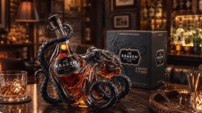 Suggested image: hero shot of The Black Spiced Rum 3D sculpted octopus bottle on a premium home bar