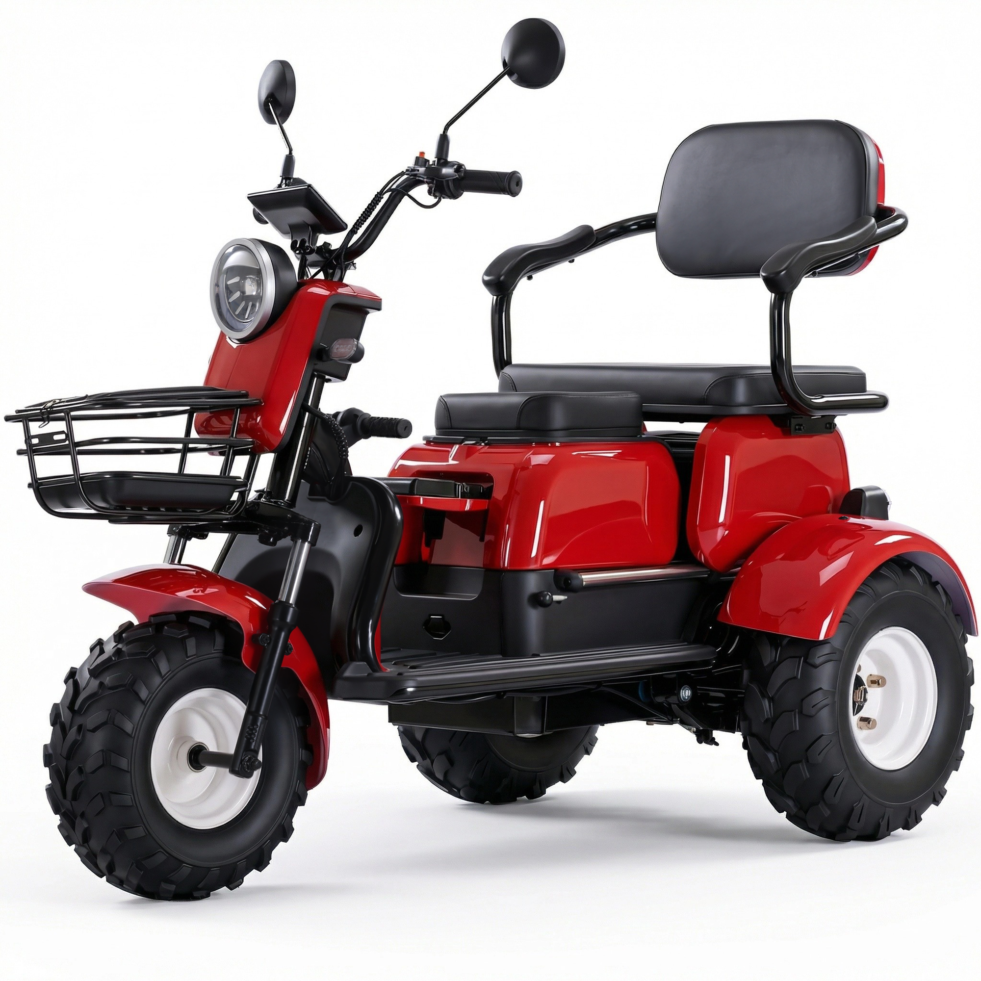 Senior mobility scooter, 64V 20Ah Removable Battery, 1000W Motor, 580 lbs Maximum Weight Capacity, Two Seats, 30 Miles Maximum Range, 16 MPH Maximum Speed, Foldable Tricycle