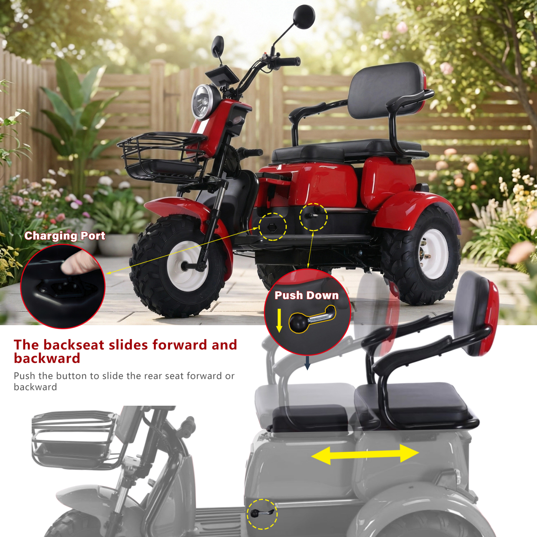 Senior mobility scooter, 64V 20Ah Removable Battery, 1000W Motor, 580 lbs Maximum Weight Capacity, Two Seats, 30 Miles Maximum Range, 16 MPH Maximum Speed, Foldable Tricycle