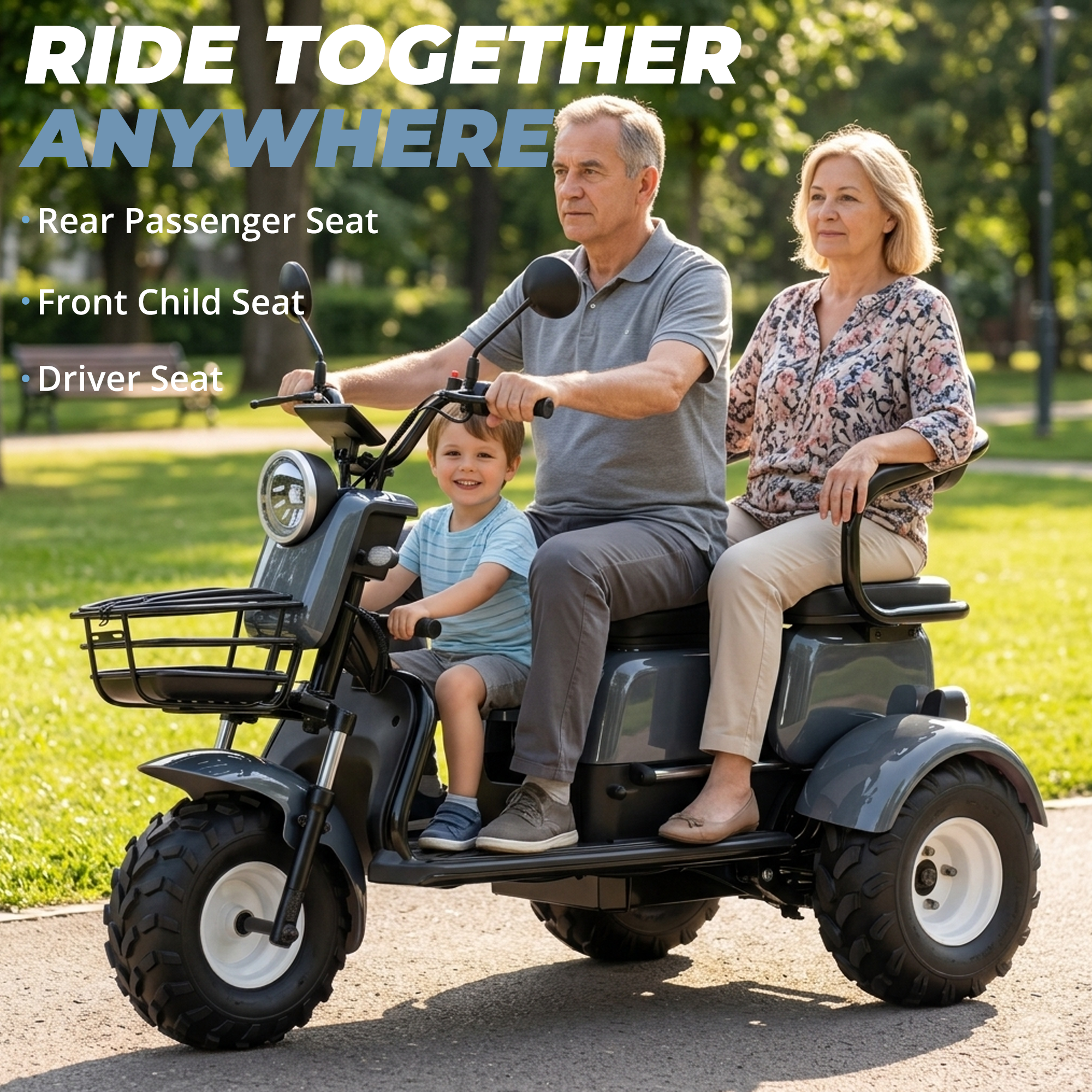 Senior mobility scooter, 64V 20Ah Removable Battery, 1000W Motor, 580 lbs Maximum Weight Capacity, Two Seats, 30 Miles Maximum Range, 16 MPH Maximum Speed, Foldable Tricycle