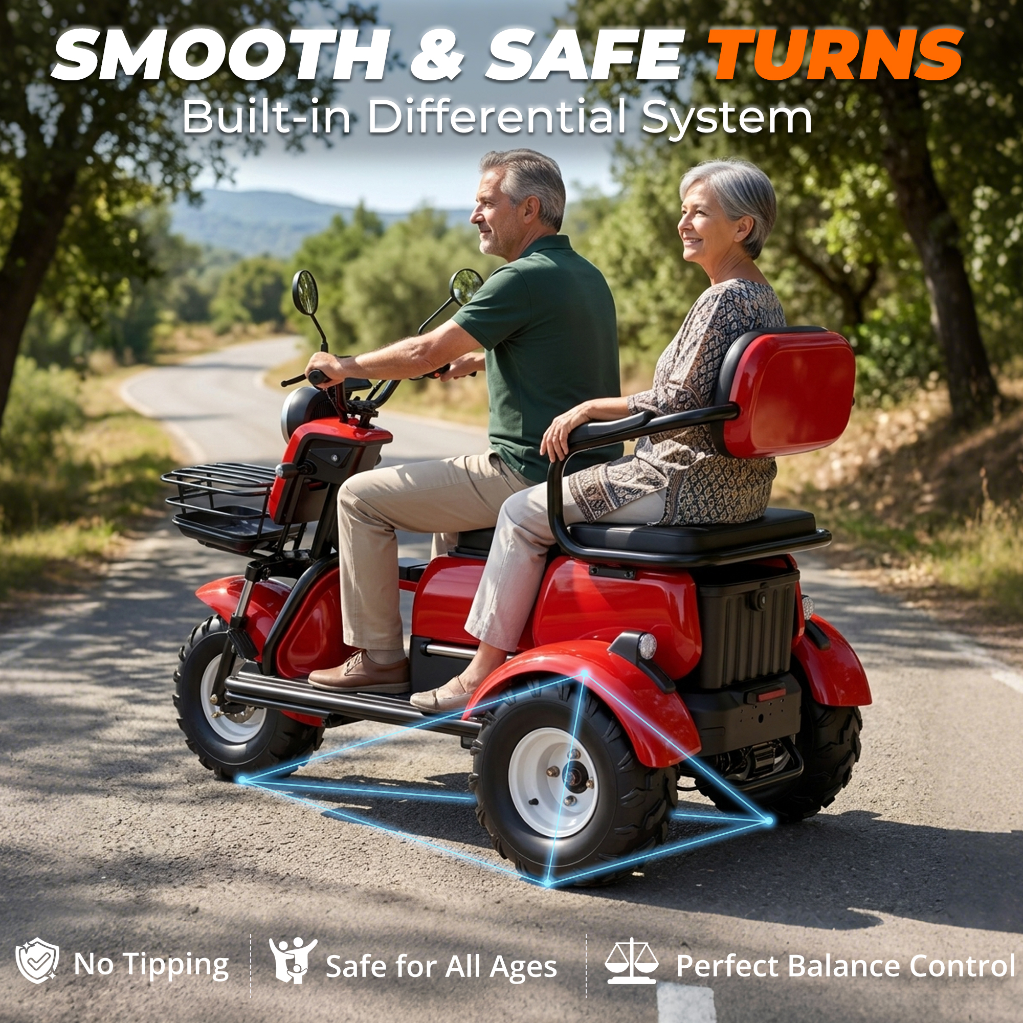 Senior mobility scooter, 64V 20Ah Removable Battery, 1000W Motor, 580 lbs Maximum Weight Capacity, Two Seats, 30 Miles Maximum Range, 16 MPH Maximum Speed, Foldable Tricycle