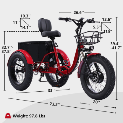 Adult electric tricycle, 500W folding electric tricycle, torque 60 Nm, senior tricycle, equipped with a large-capacity basket and removable 48V 15Ah battery, maximum load capacity 400 lbs, maximum speed 18 mph, range 50 miles.