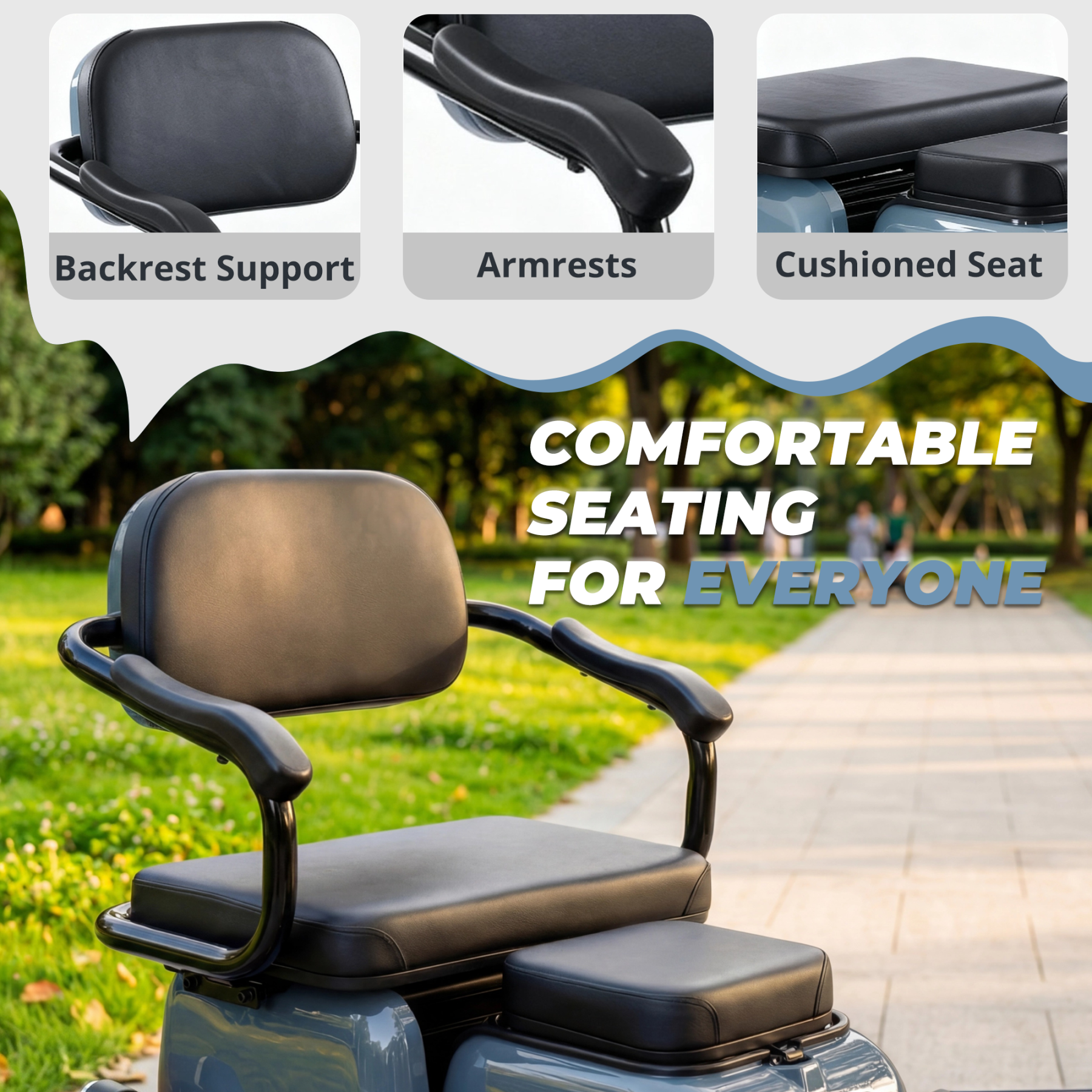 Senior mobility scooter, 64V 20Ah Removable Battery, 1000W Motor, 580 lbs Maximum Weight Capacity, Two Seats, 30 Miles Maximum Range, 16 MPH Maximum Speed, Foldable Tricycle