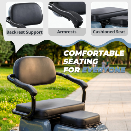 Senior mobility scooter, 64V 20Ah Removable Battery, 1000W Motor, 580 lbs Maximum Weight Capacity, Two Seats, 30 Miles Maximum Range, 16 MPH Maximum Speed, Foldable Tricycle