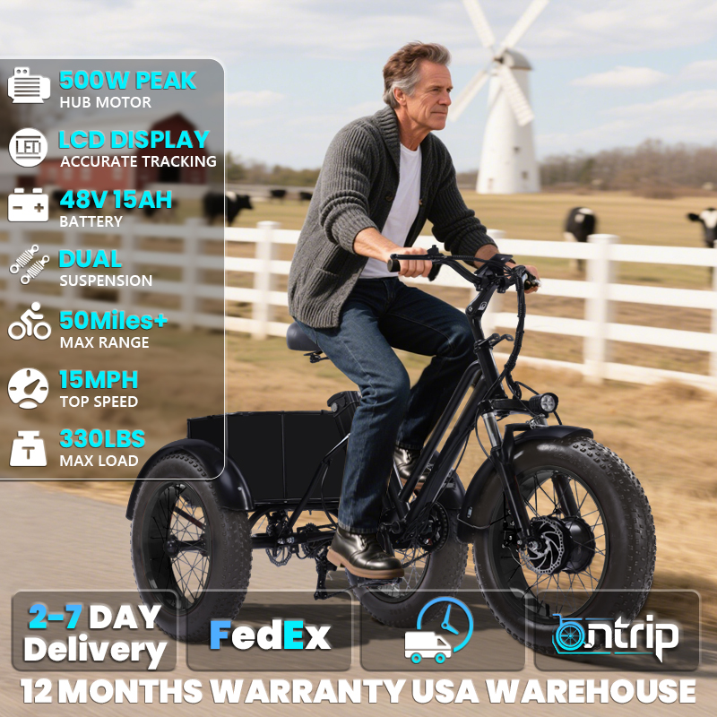 Adult Electric Tricycle, Peak 500W 3 Wheel Electric Bicycle, 15AH Remo