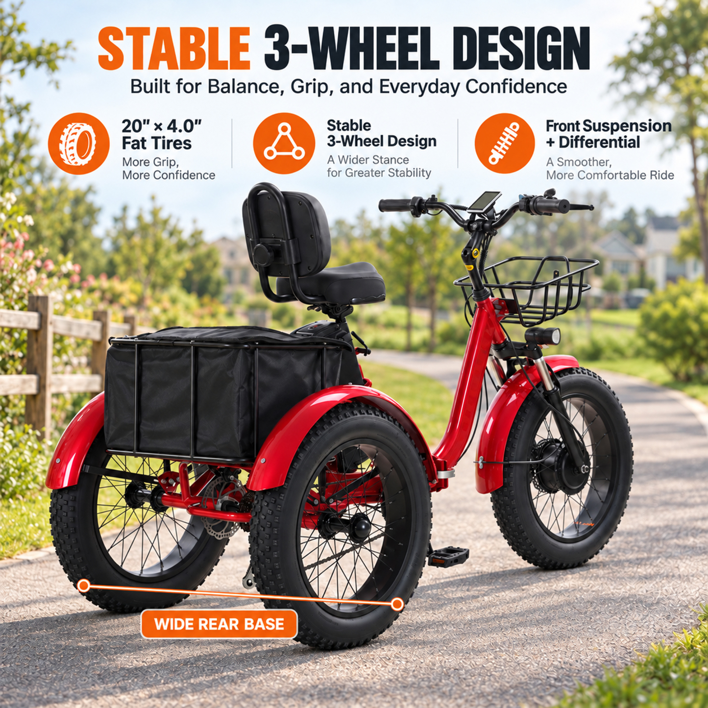 NOMIGO500W Electric Tricycle for Adults with 48V 15Ah Removable Battery, 20" Fat Tires, 7-Speed, Front & Rear Baskets, Comfort Seat with Backrest