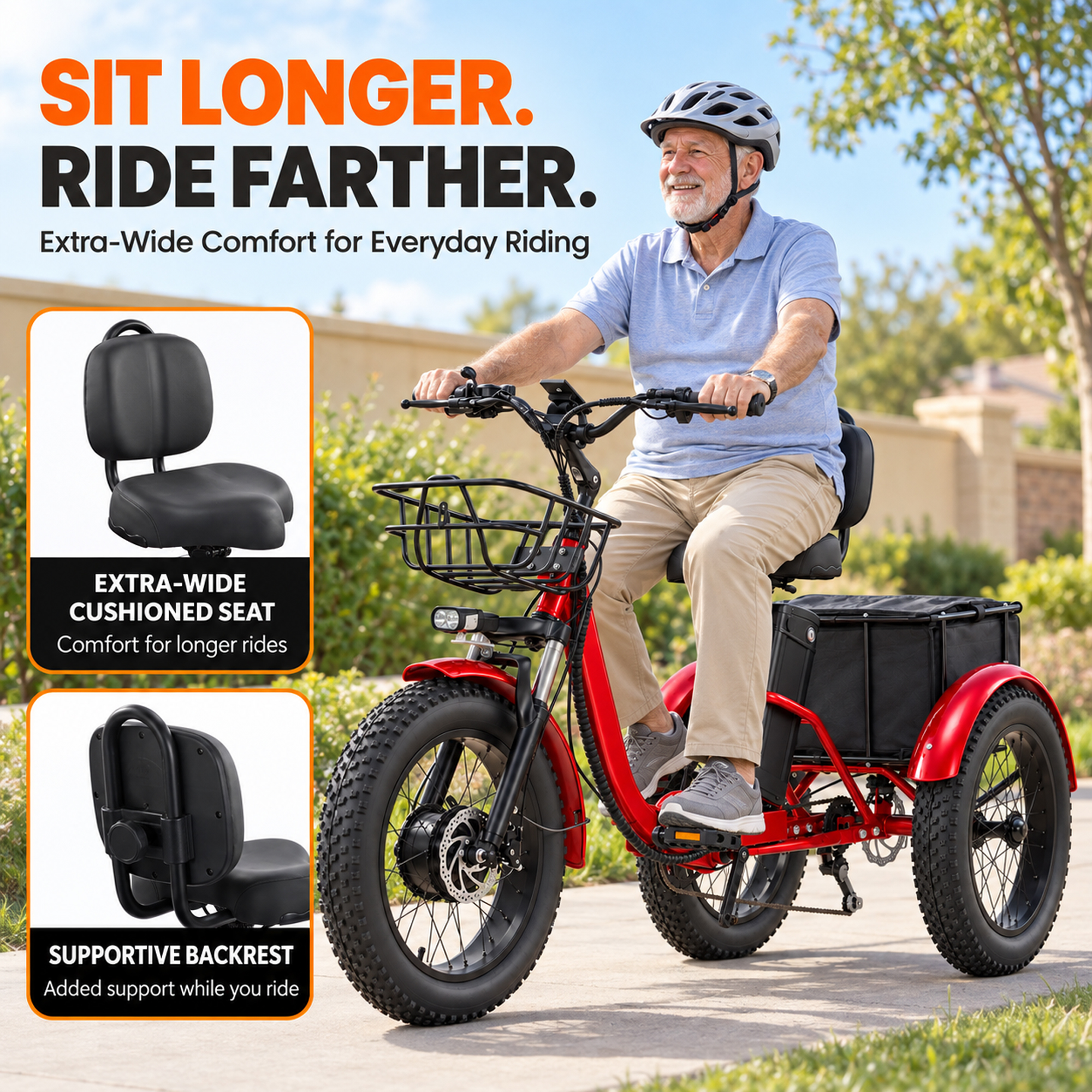 NOMIGO500W Electric Tricycle for Adults with 48V 15Ah Removable Battery, 20" Fat Tires, 7-Speed, Front & Rear Baskets, Comfort Seat with Backrest