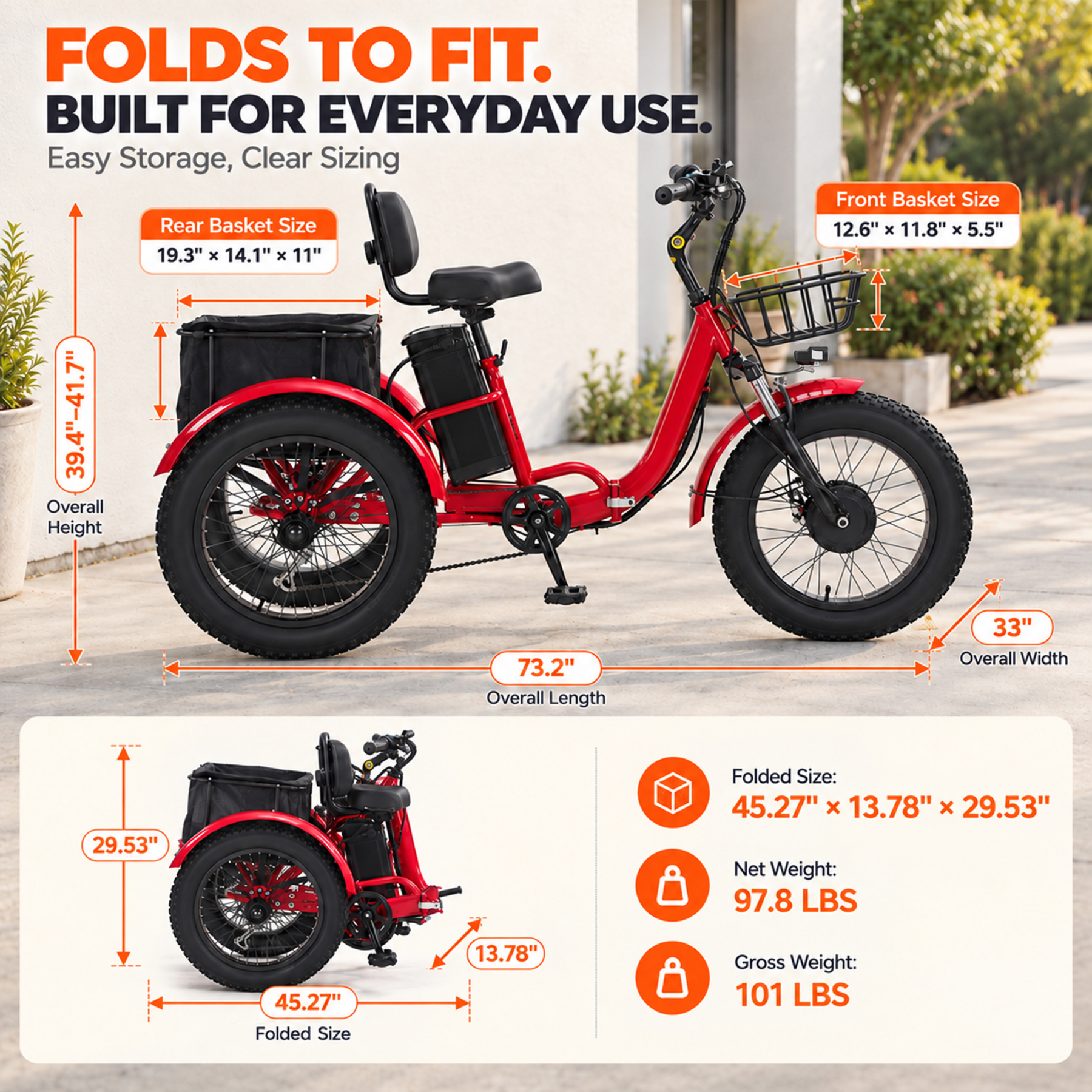 NOMIGO500W Electric Tricycle for Adults with 48V 15Ah Removable Battery, 20" Fat Tires, 7-Speed, Front & Rear Baskets, Comfort Seat with Backrest