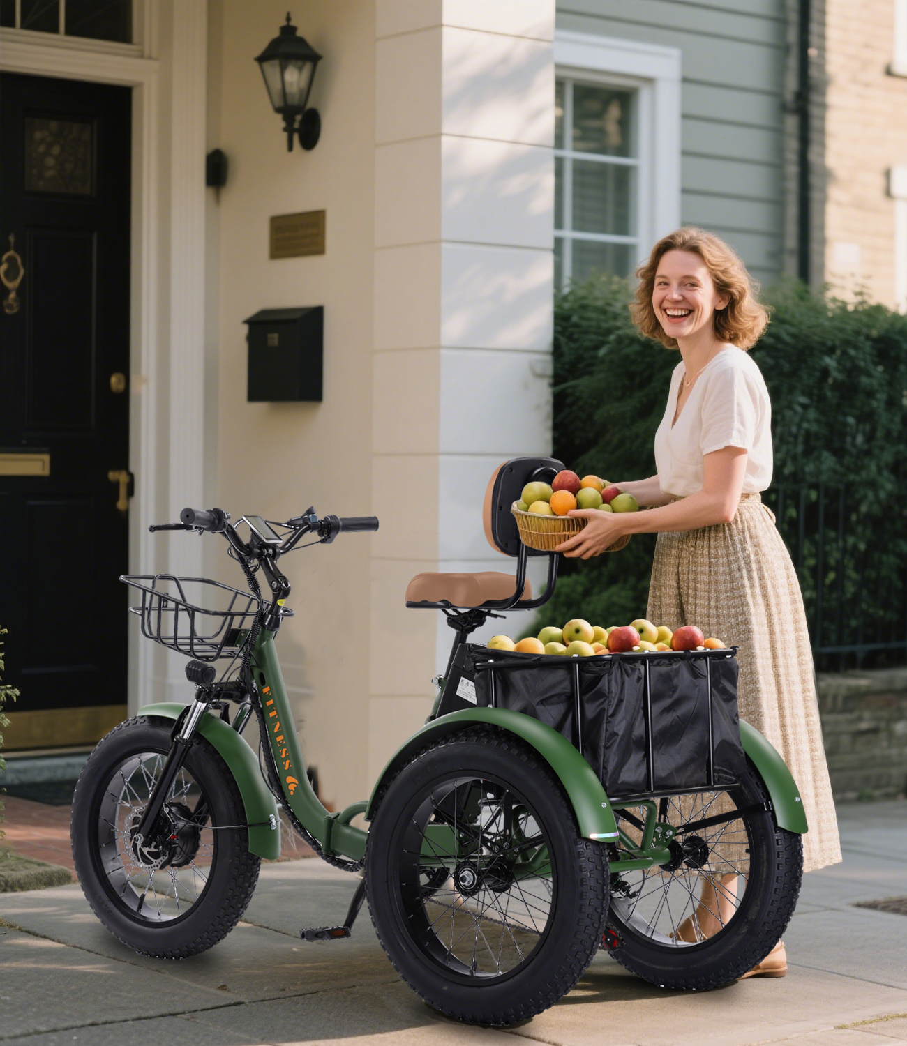  YEBEI Electric Trike, 7 Speed 3 Wheel Electric Bicycle with 48V 15Ah Lithium Battery, 20" Tires Electric Tricycle for Unisex Adults with Rear Basket Green