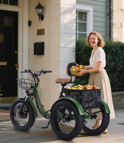  YEBEI Electric Trike, 7 Speed 3 Wheel Electric Bicycle with 48V 15Ah Lithium Battery, 20" Tires Electric Tricycle for Unisex Adults with Rear Basket Green