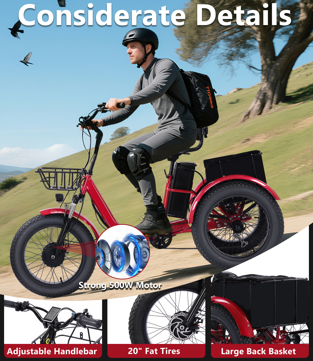 BK-004 Adult Electric Tricycle, 500W motor, 48V15AH removable battery, 440 lbs max weight capacity, 50 miles max range, 18 mph max speed