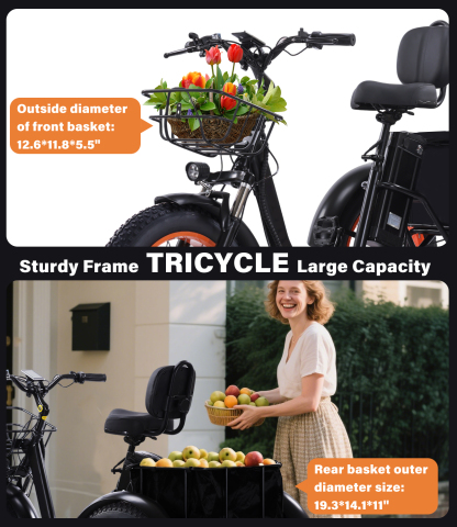 Electric Trike, 7 Speed 3 Wheel Electric Bicycle with 48V 20Ah Lithium Battery, 20" Tires Electric Tricycle for Unisex Adults with Rear Basket Green