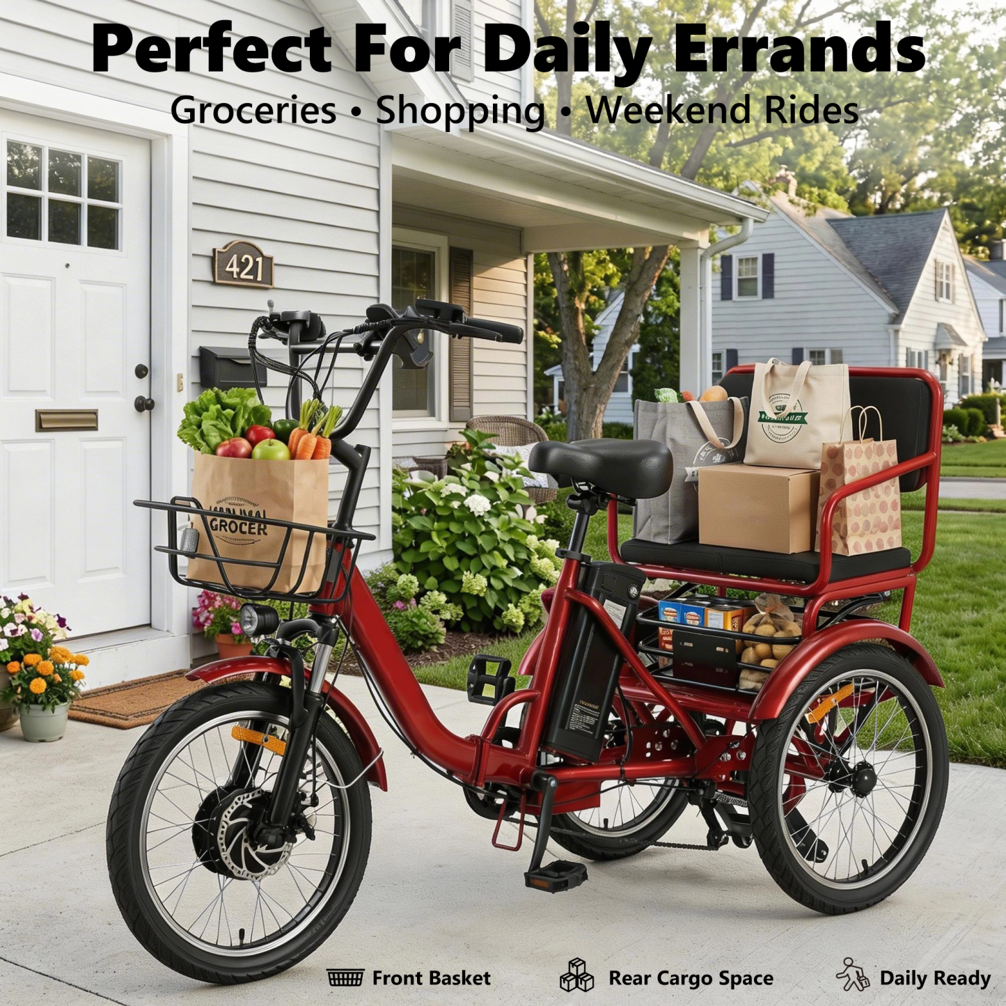 YEBEI Electric Tricycle for Adults Folding Electric Trike 3 Wheel Electric Trike with Two-Seater Large Basket Super Powerful Brushless 750W Motor 48V15AH Lithium Battery Max 20MPH E-Tricycle Red