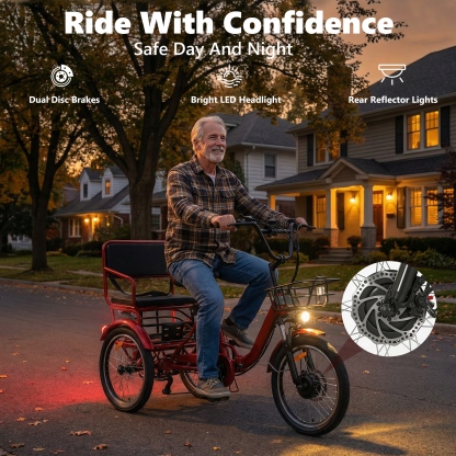 YEBEI Electric Tricycle for Adults Folding Electric Trike 3 Wheel Electric Trike with Two-Seater Large Basket Super Powerful Brushless 750W Motor 48V15AH Lithium Battery Max 20MPH E-Tricycle Red