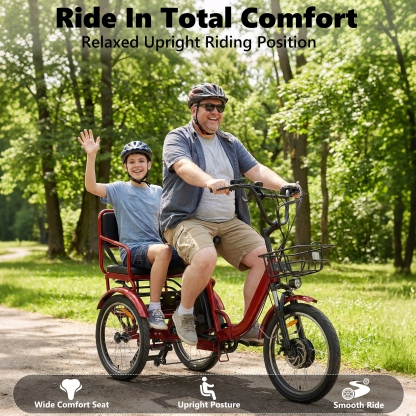 YEBEI Electric Tricycle for Adults Folding Electric Trike 3 Wheel Electric Trike with Two-Seater Large Basket Super Powerful Brushless 750W Motor 48V15AH Lithium Battery Max 20MPH E-Tricycle Red